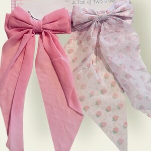2pc Oversized Hair Bow Set Hot Pink & Strawberry Sheer Bow Long Streamer Tails